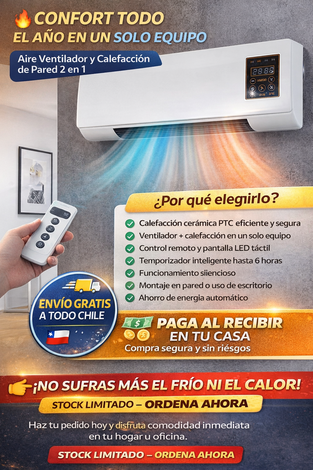 Aire Ventilador y Calefacción de Pared 2 en 1- Confort inteligente todo el año, sin ocupar espacio